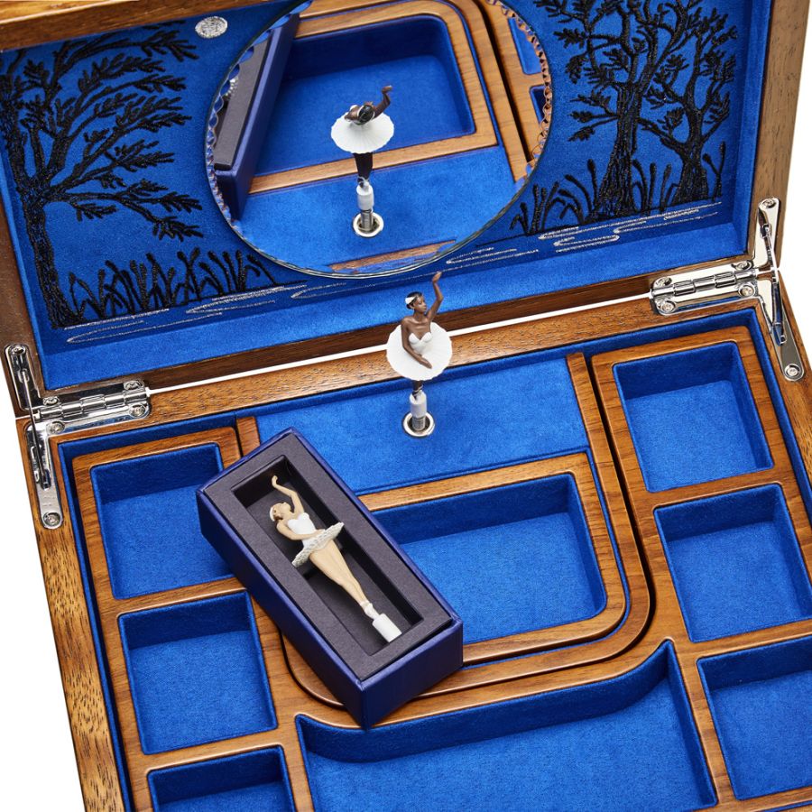 Wolf Ballet Musical Jewellery Box - Walnut Wood - Swan Lake